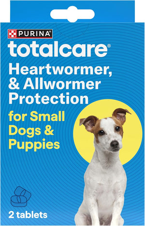 Purina Totalcare heartworm and allwormer protection packaging for small dogs and puppies on a blue background at Pet Servo