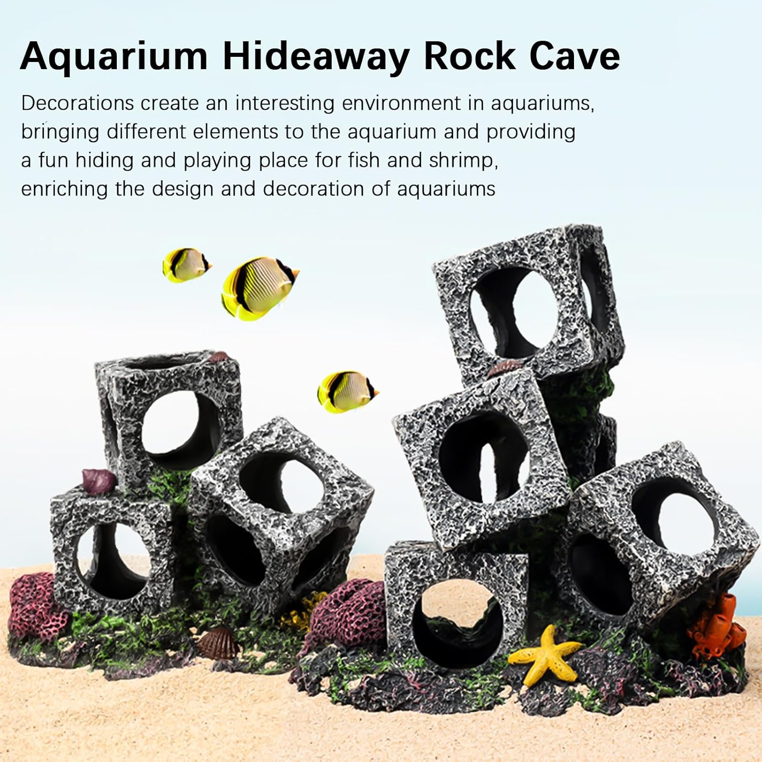Aquarium hideaway rock cave with text explaining its use in aquariums at Pet Servo
