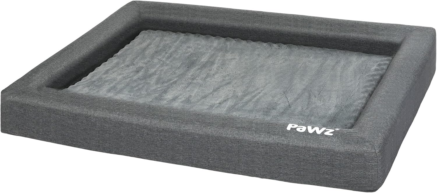Gray pet bed with a textured surface and 'PaWz' branding on a white background at Pet Servo