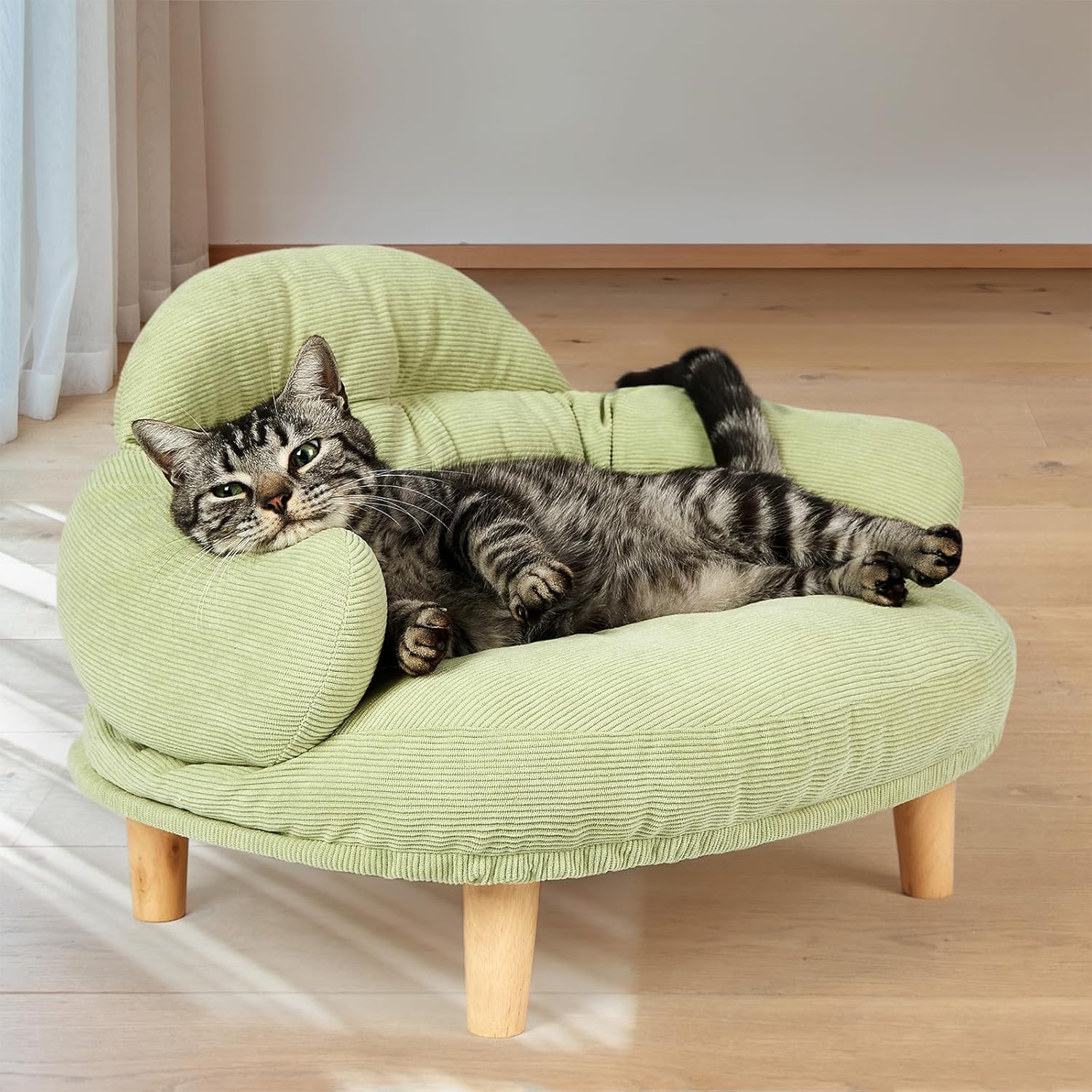 Cat lying on a small green chair with wooden legs in a room at Pet Servo
