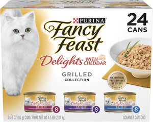 Box of Purina Fancy Feast Delights with Cheddar grilled cat food, featuring a white cat on the packaging at Pet Servo