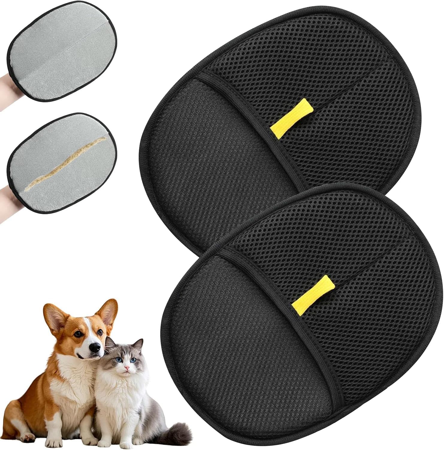 Two black mesh car seat covers with yellow straps, one shown on a car seat, and two dogs sitting together at Pet Servo