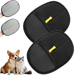 Two black mesh car seat covers with yellow straps, one shown on a car seat, and two dogs sitting together at Pet Servo