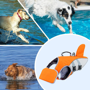 Collage of dogs playing in water with an inset of an orange dog life jacket at Pet Servo