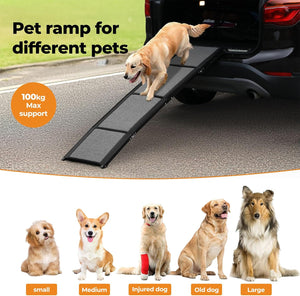 A pet ramp with black textured steps and a black frame is shown being used to lift a golden retriever out of a car on a paved road. The image includes marketing text ('Pet ramp for different pets', '100kg Max support') and a row of smaller dog photos labeled small, medium, injured dog, old dog, and large, demonstrating scale for different pet sizes at Pet Servo