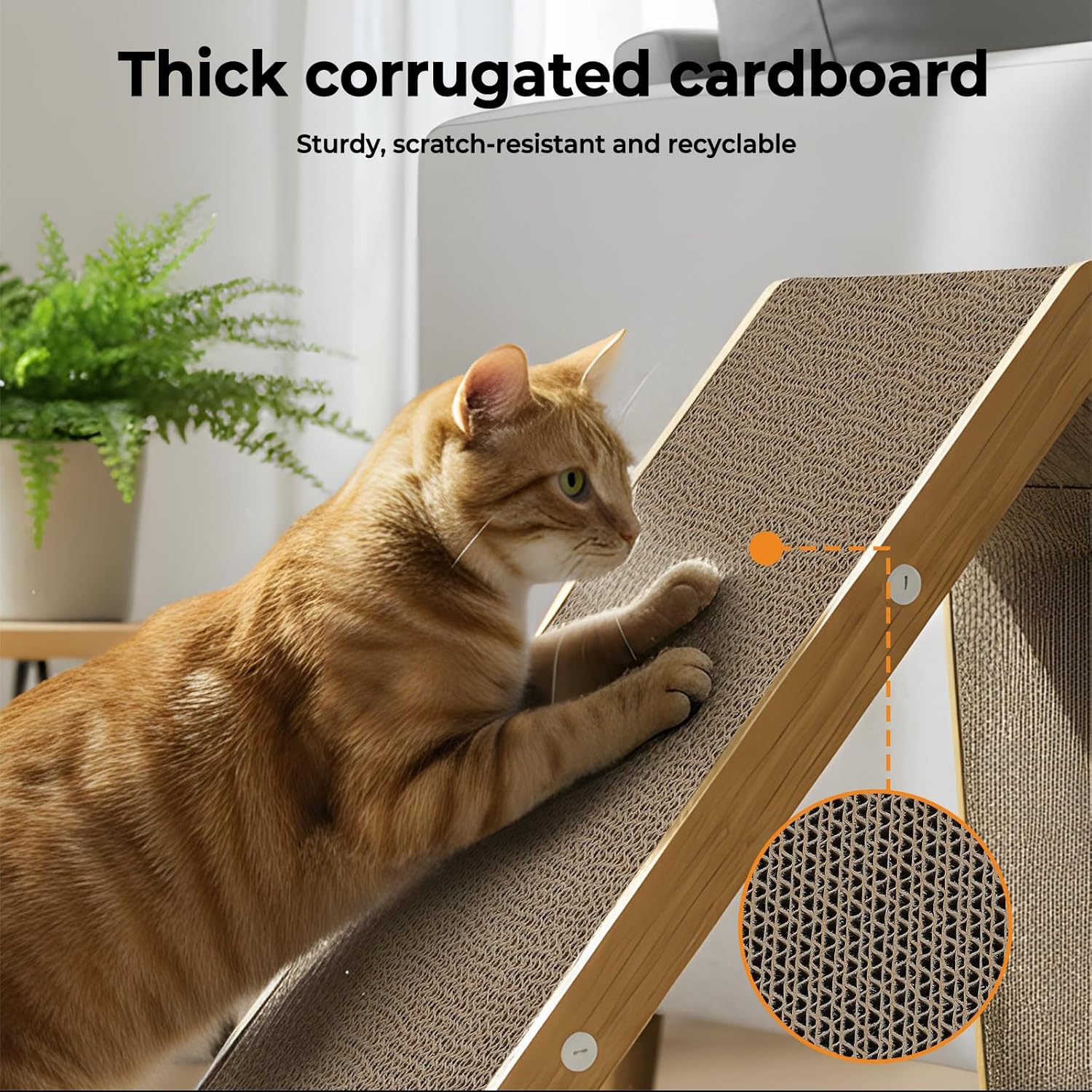 An orange tabby cat uses a thick corrugated cardboard scratching ramp with a wooden frame in a bright indoor setting. Text at the top reads 'Thick corrugated cardboard' with smaller copy about being sturdy, scratch-resistant, and recyclable at Pet Servo