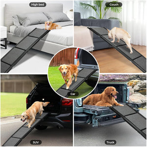 A collage showing a black pet ramp in five real-world use cases: high bed, couch, car, SUV, and truck, with dogs using or resting on the ramp. The center inset shows a golden retriever walking up the ramp outdoors at Pet Servo