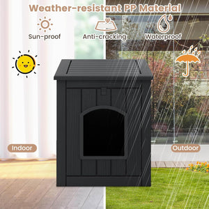 Black weather-resistant pet house with rain simulation on a background of indoor and outdoor settings at Pet Servo