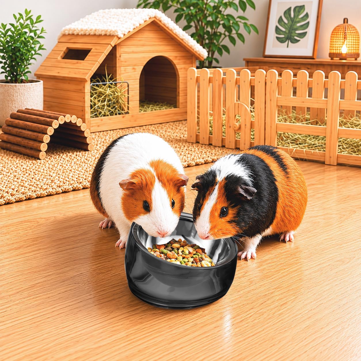 Two guinea pigs eating from a black bowl in a wooden enclosure with a small house and plants at Pet Servo
