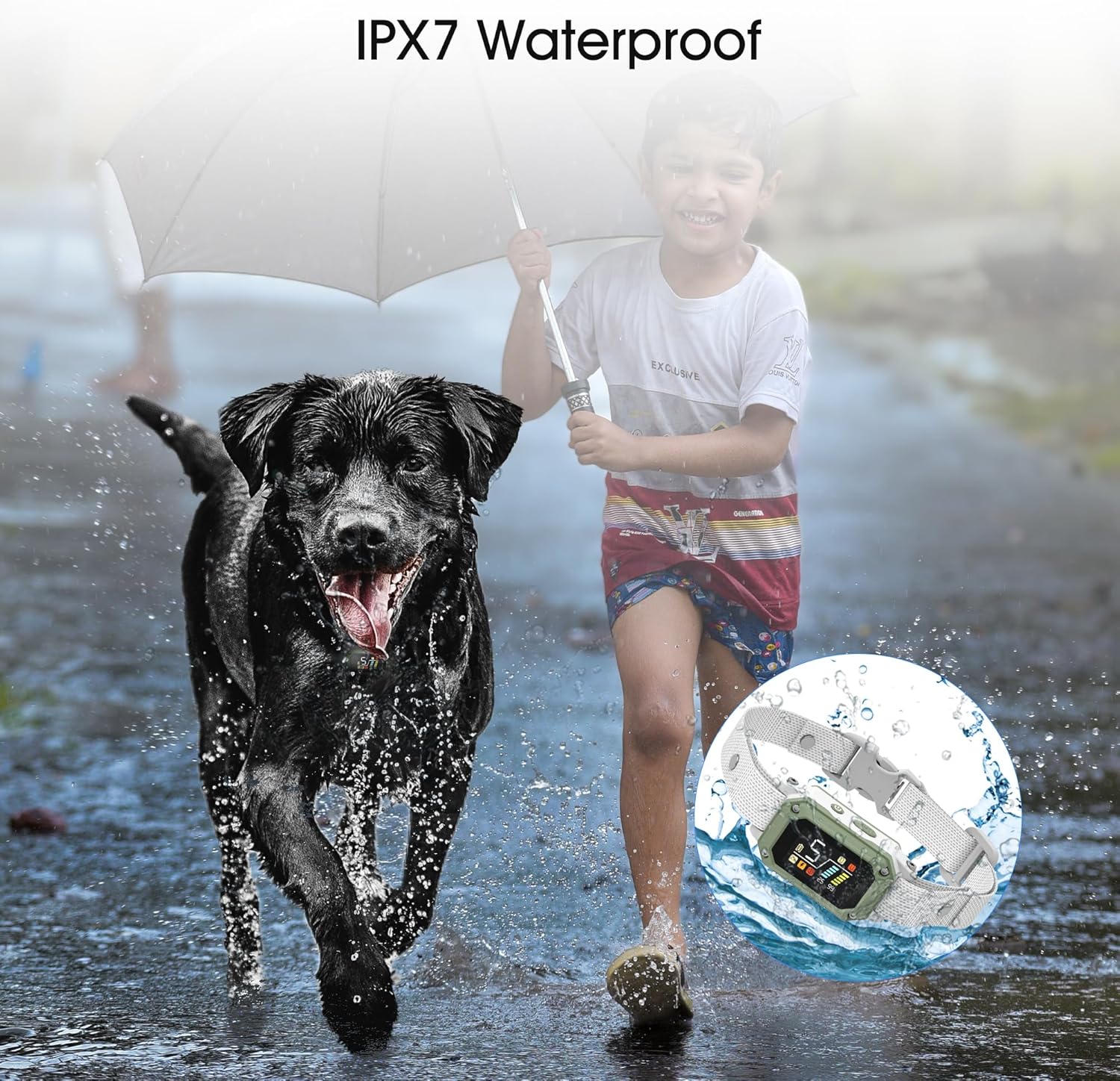 Dog running in water with a child holding an umbrella, featuring an IPX7 waterproof product at Pet Servo