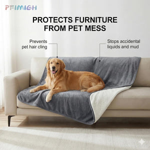 Dog lying on a gray pet blanket on a couch with text highlighting its features.