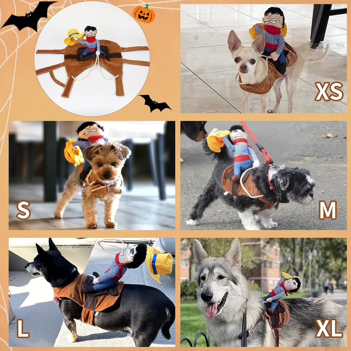 Collage of dogs wearing miniature cowboy costumes on Halloween-themed background at Pet Servo