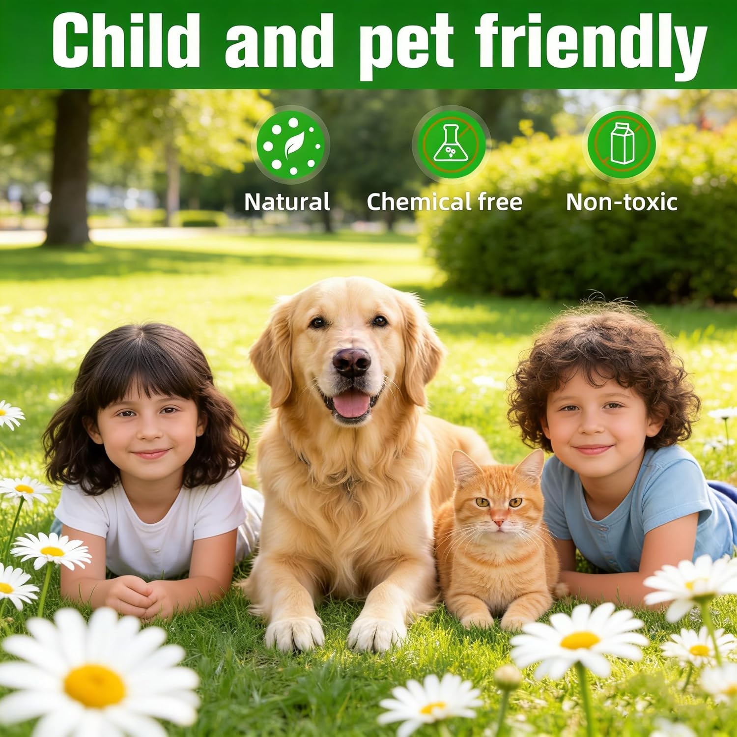 Two children with a dog and a cat on a grassy field, with text indicating 'Child and pet friendly', 'Natural', 'Chemical free', and 'Non-toxic' at Pet Servo