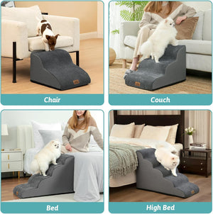 Dog steps used on chair, couch, bed, and high bed with a person and dog in each scenario at Pet Servo