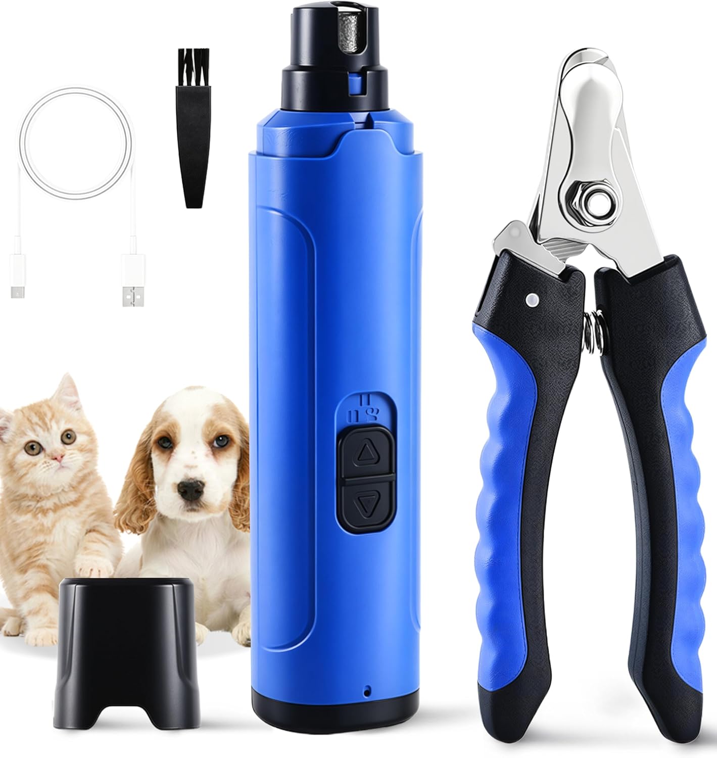 Blue pet grooming tool with black accents, including a dog and cat illustration on a white background at Pet Servo