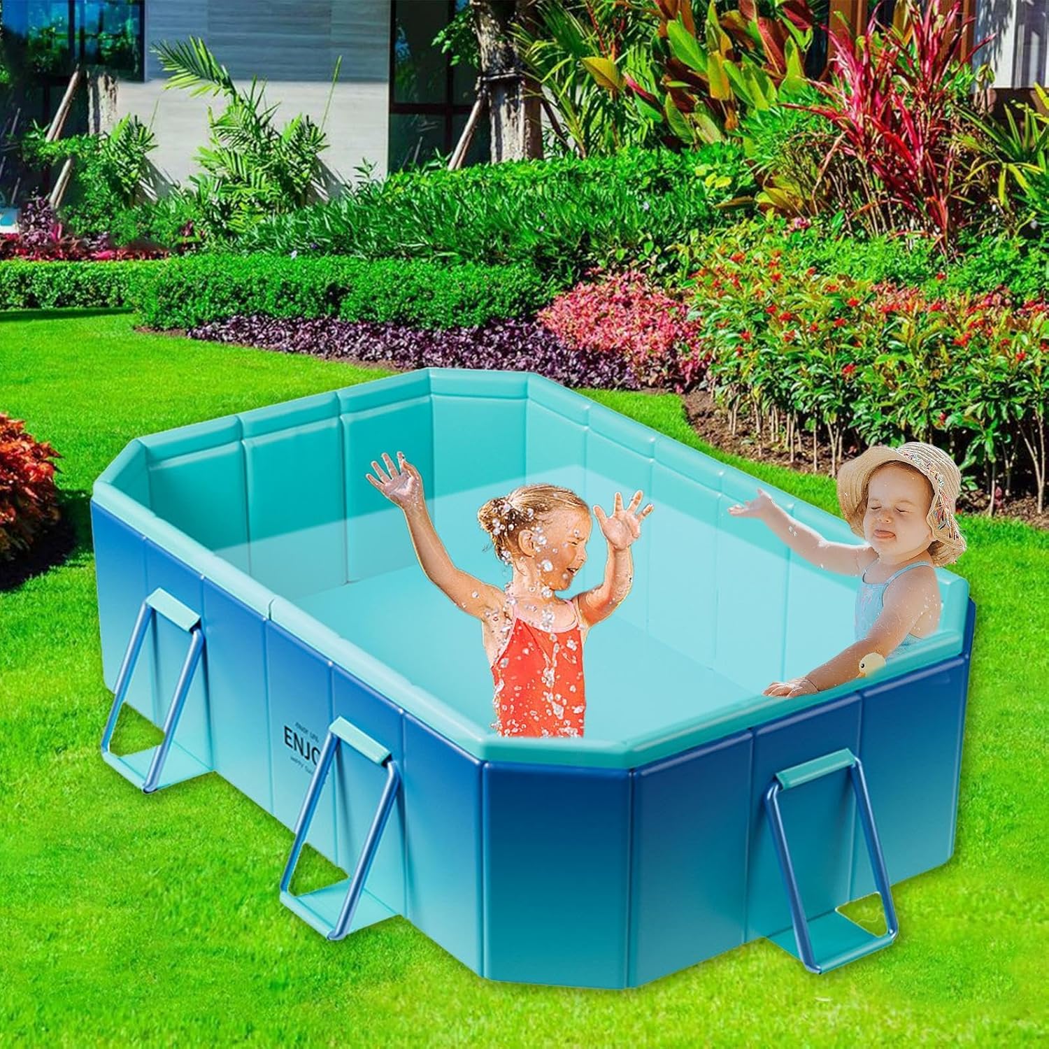 Two children playing in a blue rectangular pool on a grassy lawn with greenery in the background at Pet Servo