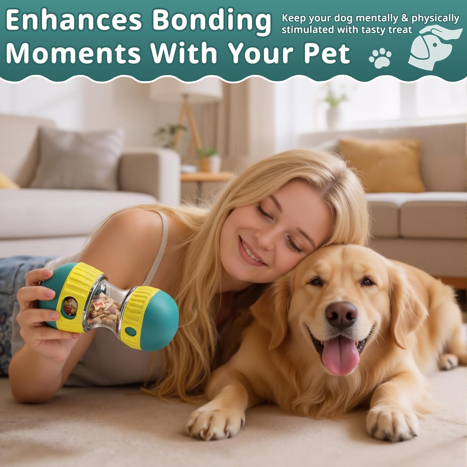 Woman lying on a couch with a dog, holding a pet toy, in a living room setting at Pet Servo