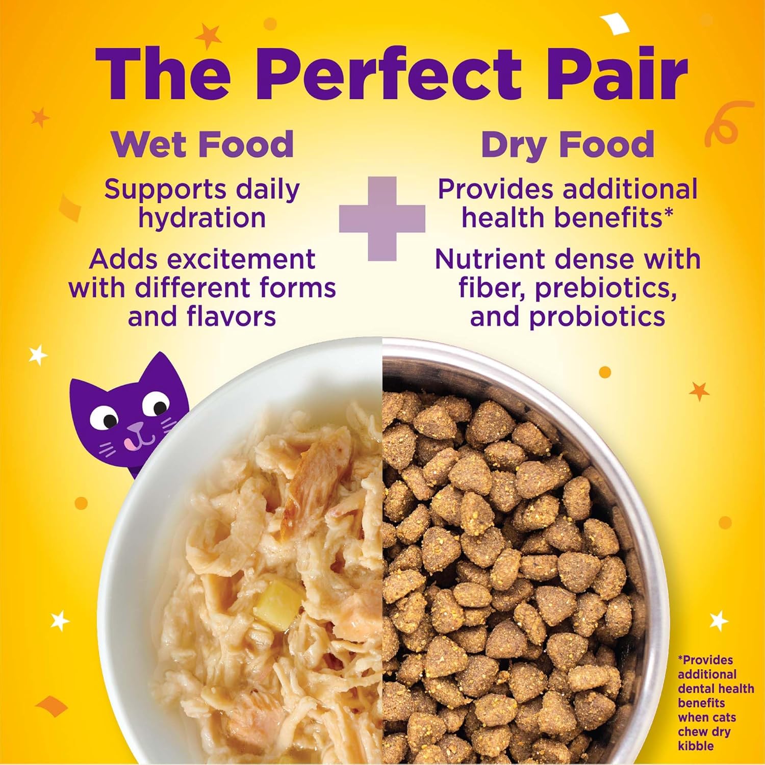 Advertisement for wet and dry cat food on a yellow background with text highlighting benefits at Pet Servo