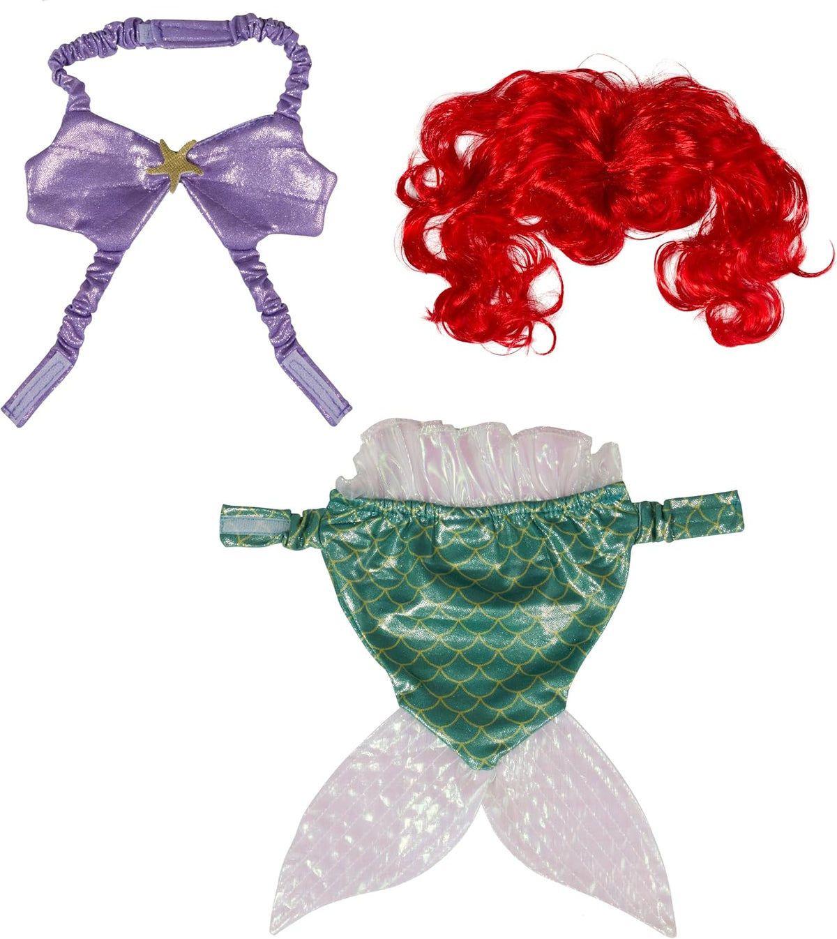 A mermaid costume accessory set featuring a metallic purple top with a star accent, a bright red curly wig, and a green and white mermaid tail on a plain white background at Pet Servo