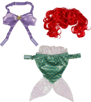A mermaid costume accessory set featuring a metallic purple top with a star accent, a bright red curly wig, and a green and white mermaid tail on a plain white background at Pet Servo
