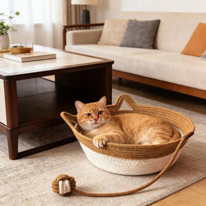 Cat lying in a woven pet bed with a toy on a rug in a living room at Pet Servo