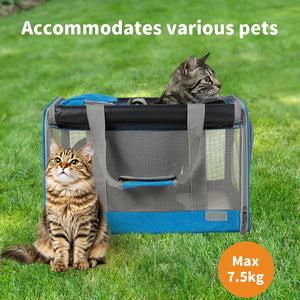 A blue and gray mesh pet carrier bag placed on green grass, with two cats positioned around it—one sitting in front and one resting inside the carrier. White text at the top reads 'Accommodates various pets,' and an orange circle in the bottom right says 'Max 7 at Pet Servo