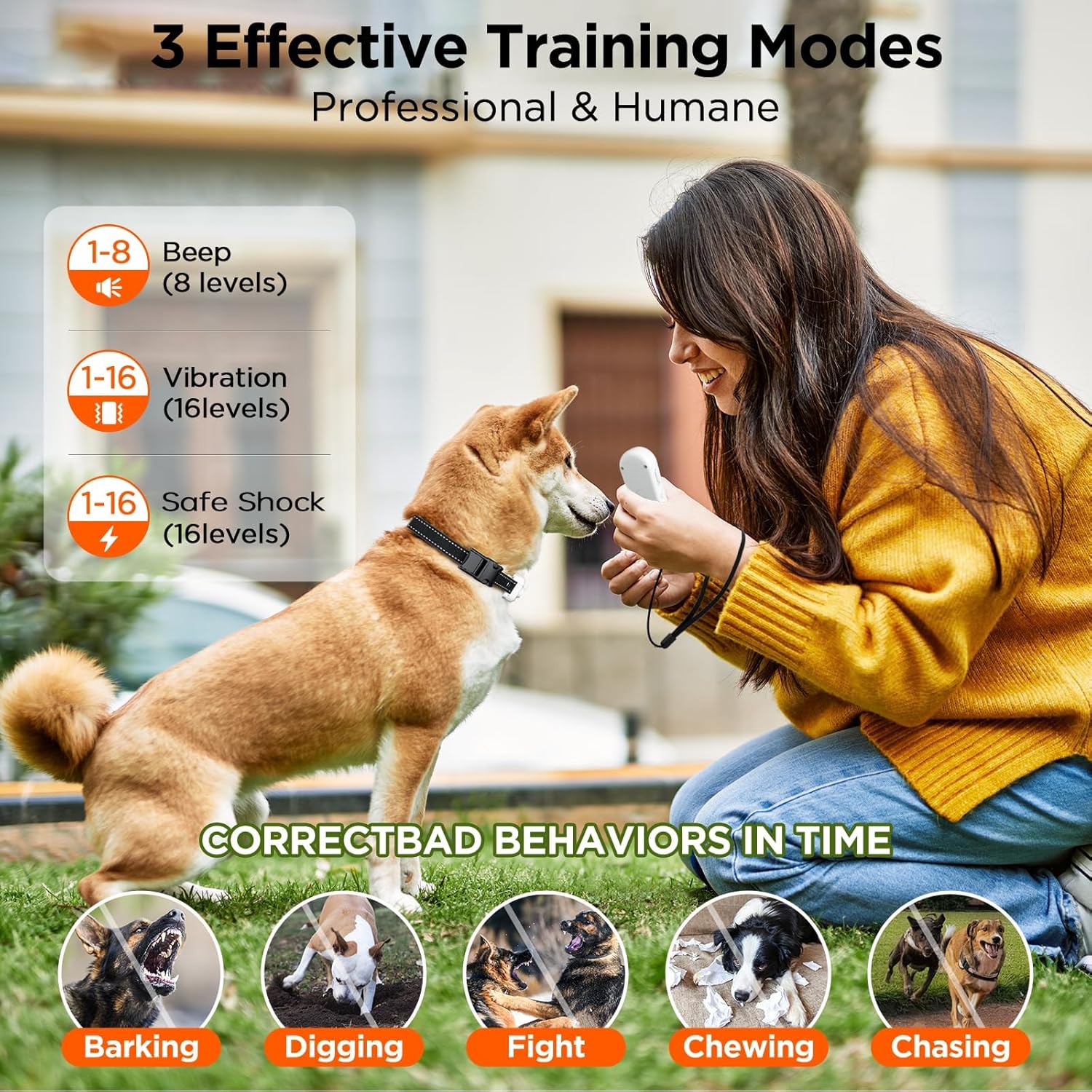 Woman training a dog with a device, showing different training modes and behaviors at Pet Servo