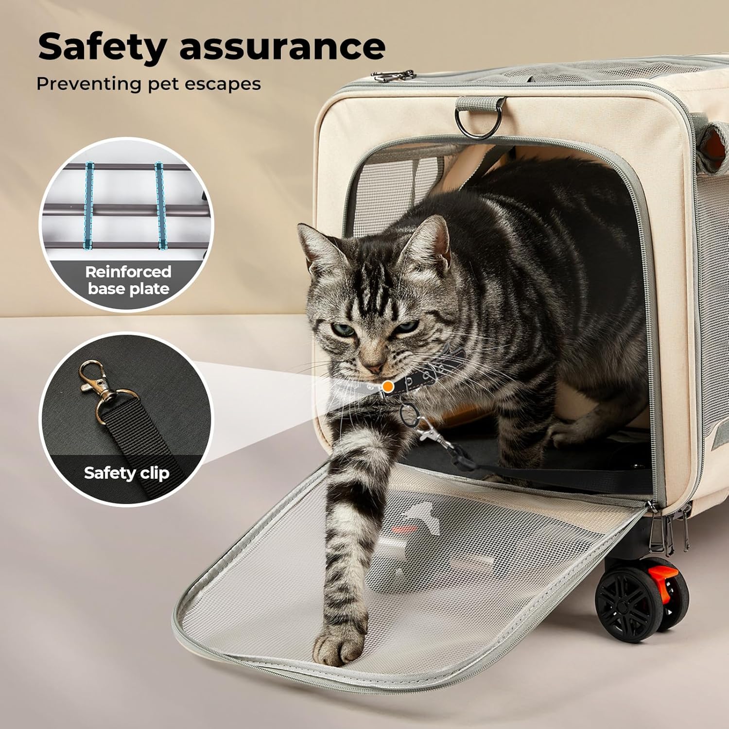 A gray tabby cat wearing a harness sits inside a beige pet carrier with a mesh window and a lowered mesh ramp. The image includes marketing text reading 'Safety assurance' and two circular inset callouts highlighting a reinforced base plate and a safety clip at Pet Servo