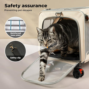 A gray tabby cat wearing a harness sits inside a beige pet carrier with a mesh window and a lowered mesh ramp. The image includes marketing text reading 'Safety assurance' and two circular inset callouts highlighting a reinforced base plate and a safety clip at Pet Servo