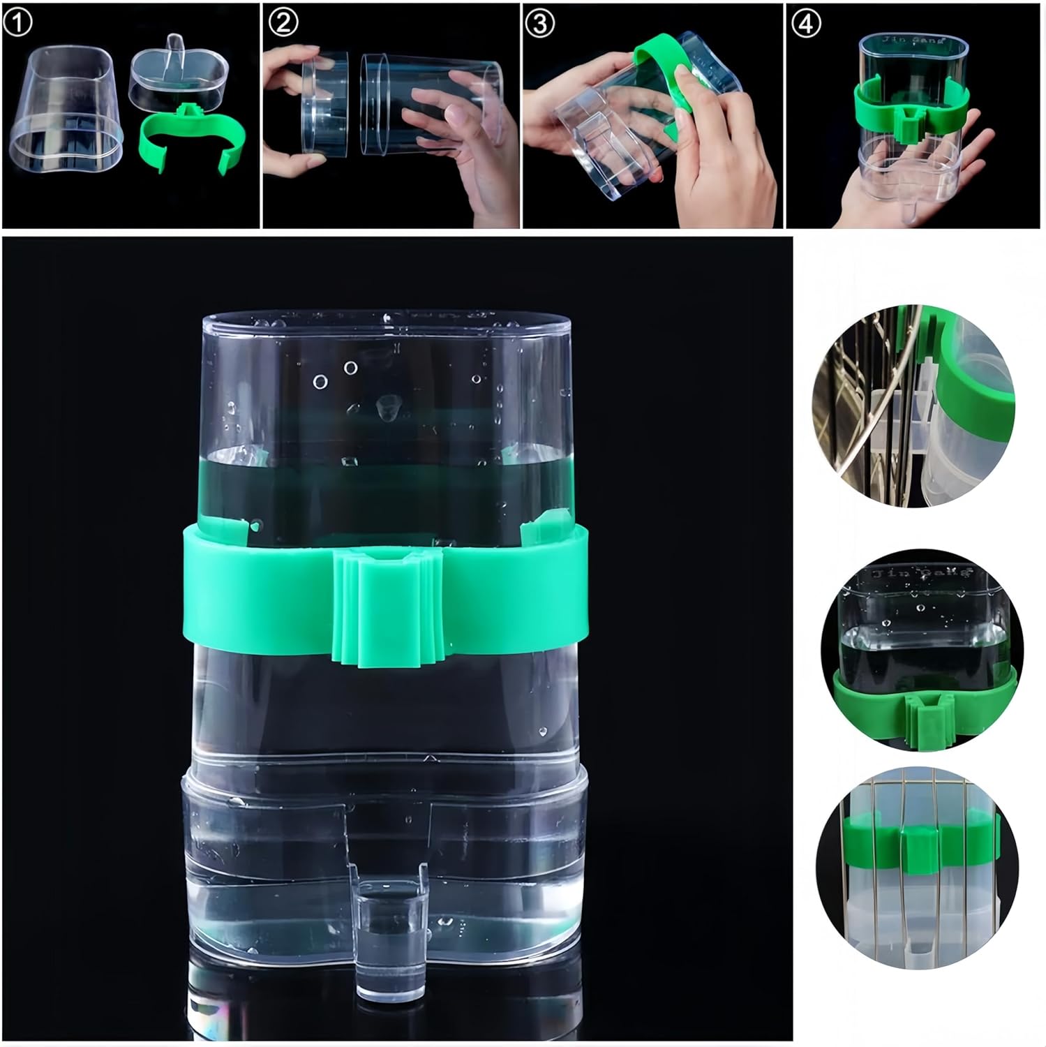 Green and clear plastic container assembly process on a black background at Pet Servo