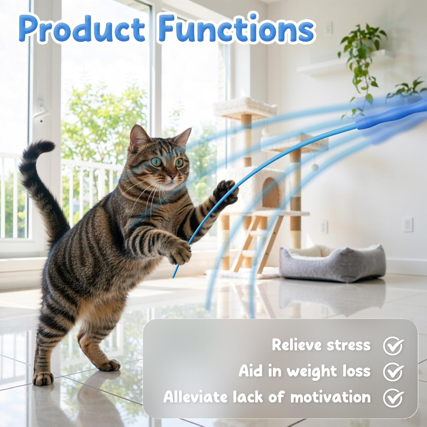 Cat playing with a toy in a bright room with text about product functions at Pet Servo