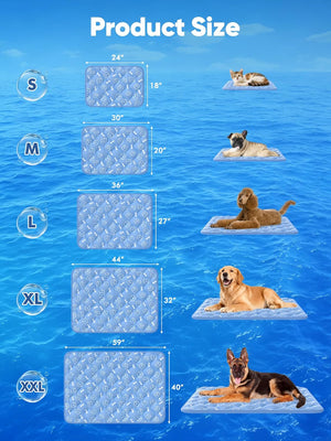 Dog cooling pad with size chart on a blue water background at Pet Servo