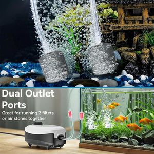Aquarium filter with dual outlet ports in an aquarium setting, showing water flow and fish at Pet Servo
