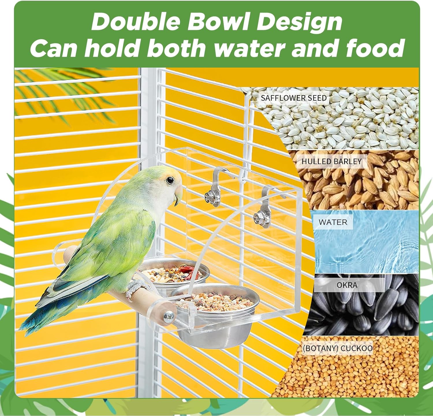 Pet bird with a double bowl design for water and food, featuring various seeds and water on a yellow background at Pet Servo