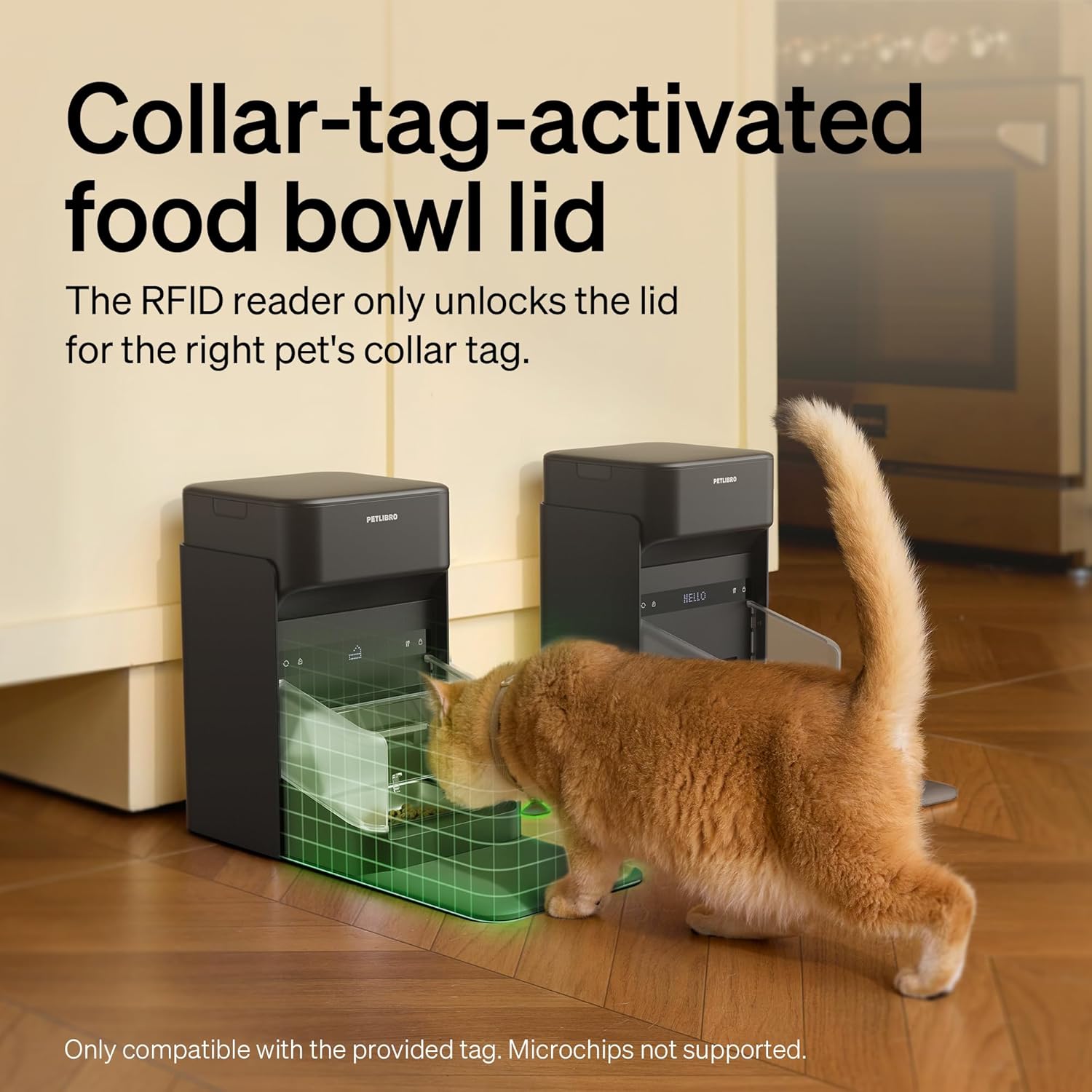 Cat interacting with a food bowl lid labeled 'Collar-tag-activated food bowl lid' in a home setting at Pet Servo