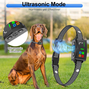 Dog wearing an ultrasonic collar with electronic components labeled 'Ultrasonic Emitters' and 'Ultrasonic Mode' at Pet Servo