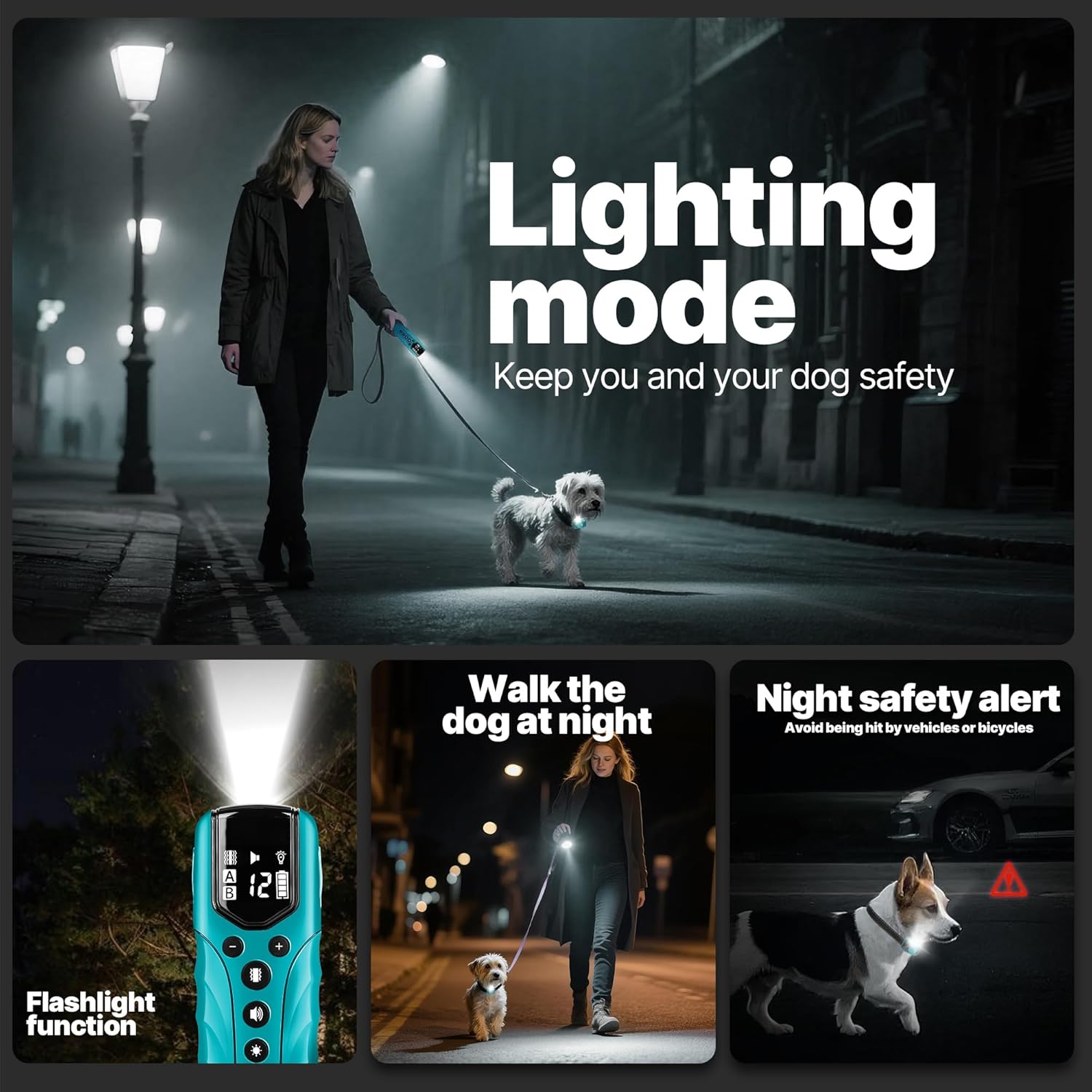Woman walking a cat on a leash at night with safety features highlighted at Pet Servo
