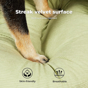 Dog paw on a green velvet surface with text and icons indicating properties of the material at Pet Servo