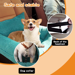 Dog sitting on a teal car seat cover with safety features highlighted at Pet Servo