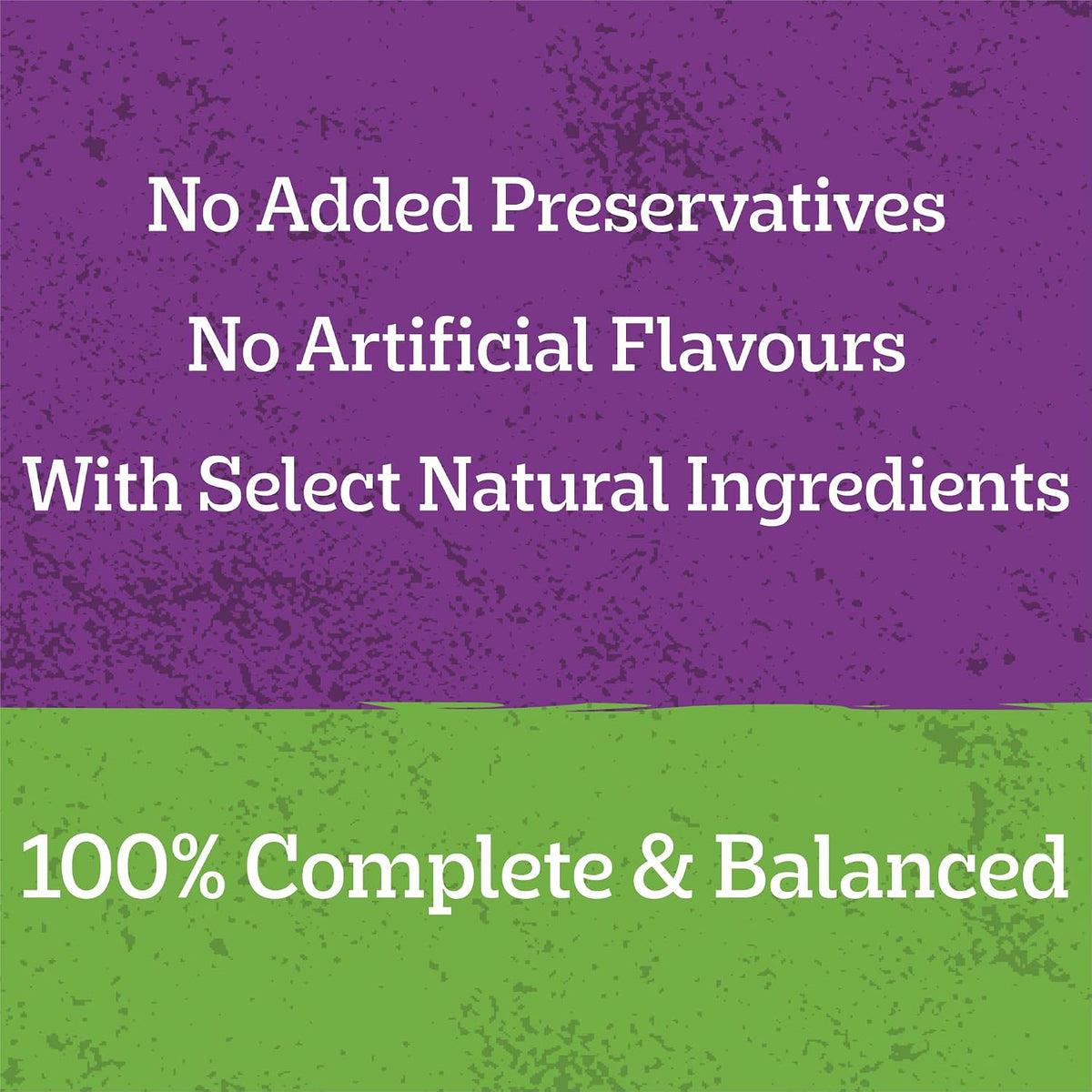 A promotional graphic with a split purple and green textured background and white text reading 'No Added Preservatives', 'No Artificial Flavors', 'With Select Natural Ingredients', and '100% Complete & Balanced'.