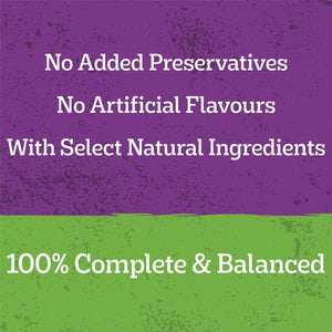 A promotional graphic with a split purple and green textured background and white text reading 'No Added Preservatives', 'No Artificial Flavors', 'With Select Natural Ingredients', and '100% Complete & Balanced'.