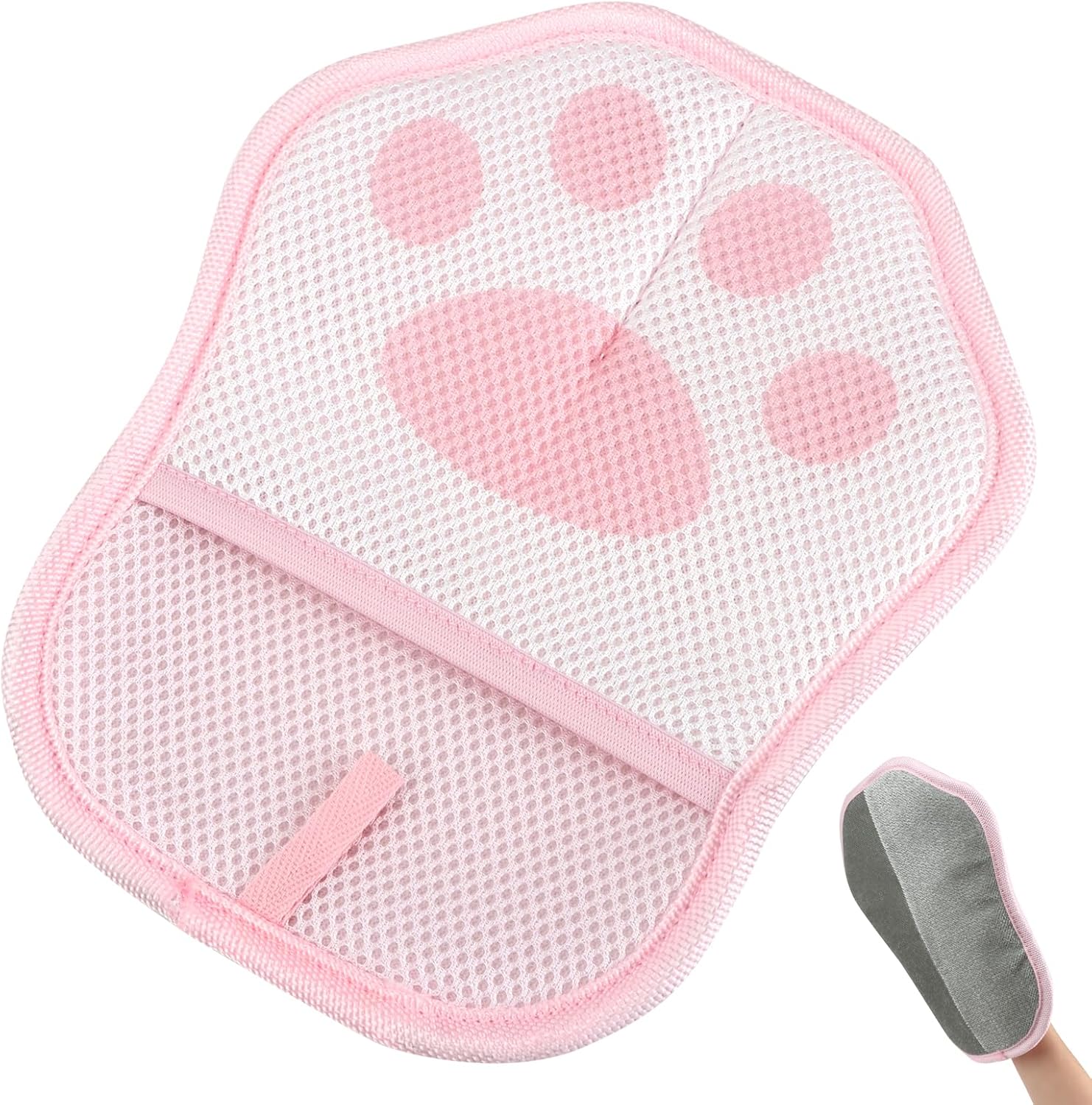 Pink mesh scrubber with heart design on a white background at Pet Servo