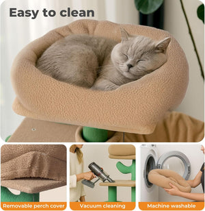 Cat sleeping in a beige pet bed with cleaning instructions below at Pet Servo