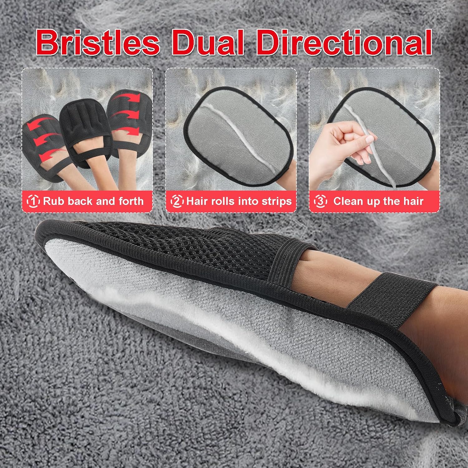 Hair removal tool with instructions on using bristles for dual-directional hair removal at Pet Servo