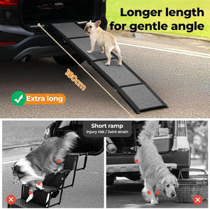 Dog vehicle ramp with a French bulldog standing on the ramp and car trunk, shown with text overlays 'Longer length for gentle angle', '180cm', 'Extra-long', and comparison photos of dogs using the ramp versus not using it at Pet Servo