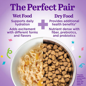 Comparison of wet and dry pet food with text on a purple background at Pet Servo
