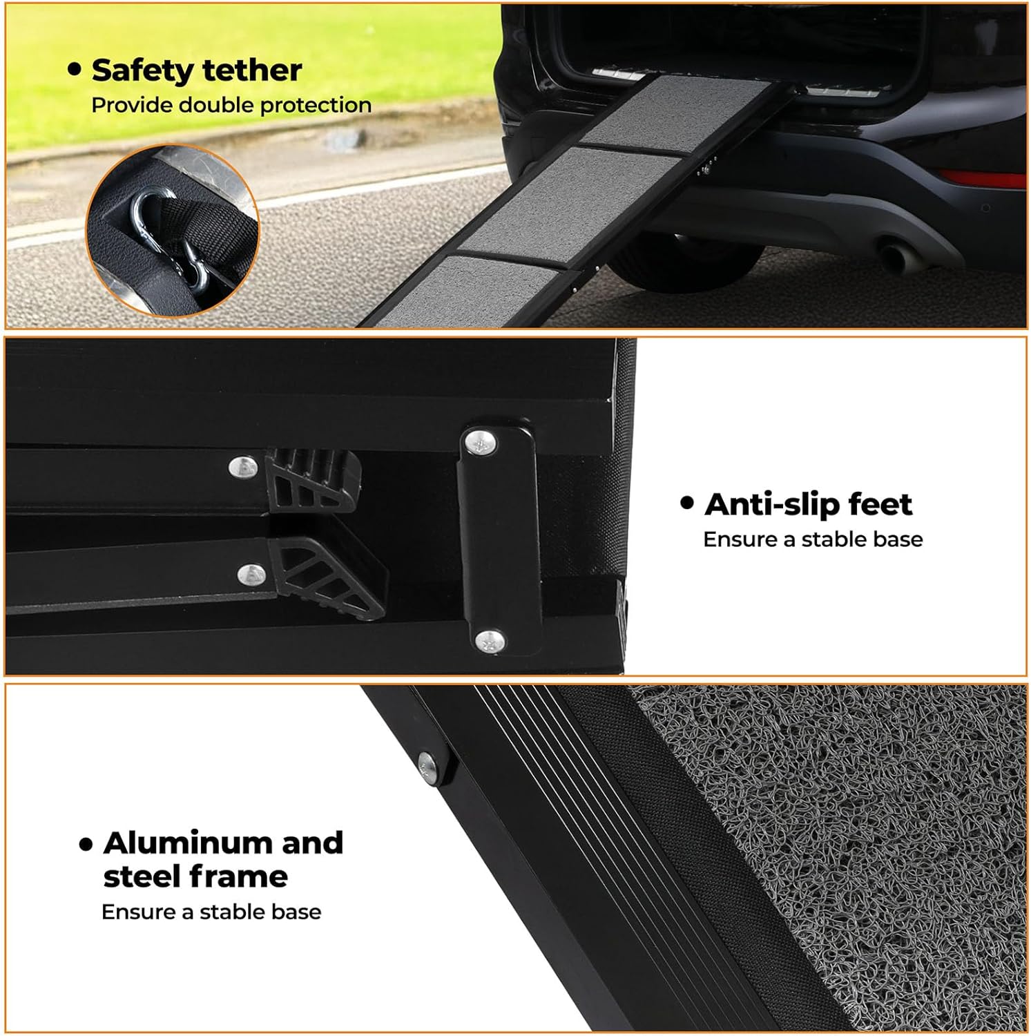 Three-panel product feature collage for a vehicle step ladder. The top panel shows the ladder deployed from a car door with text reading 'Safety tether' and a circular inset highlighting a tether detail at Pet Servo