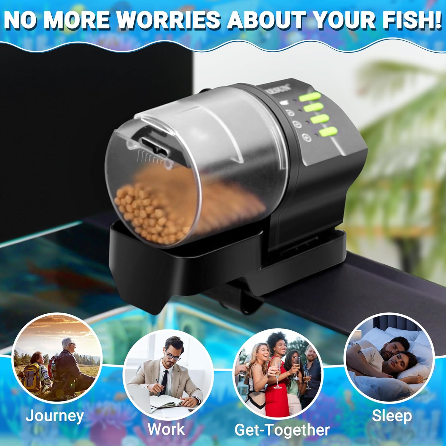 Aquarium feeder with text 'No more worries about your fish!' and lifestyle icons below at Pet Servo