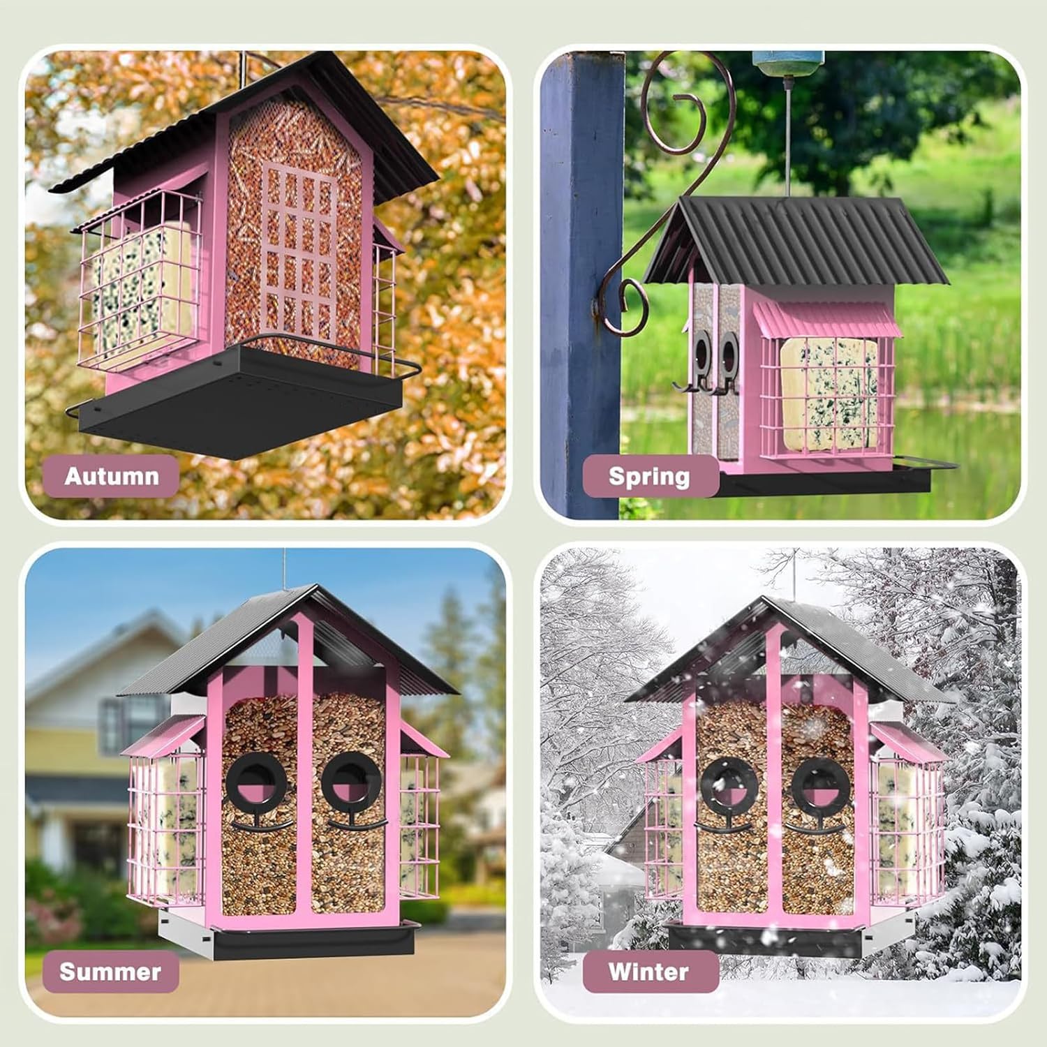 Collage of a pink bird feeder in different seasons with corresponding labels at Pet Servo