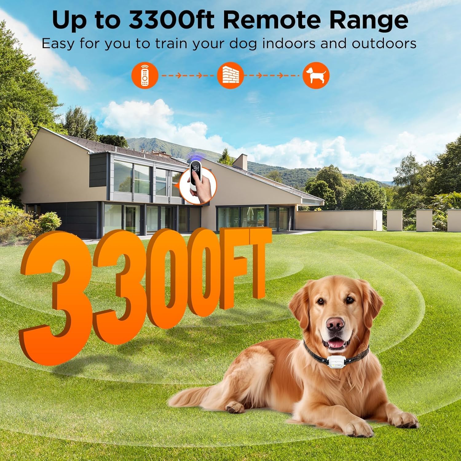 Dog sitting on grass with a house in the background, promoting a remote dog training system with 3300ft range at Pet Servo